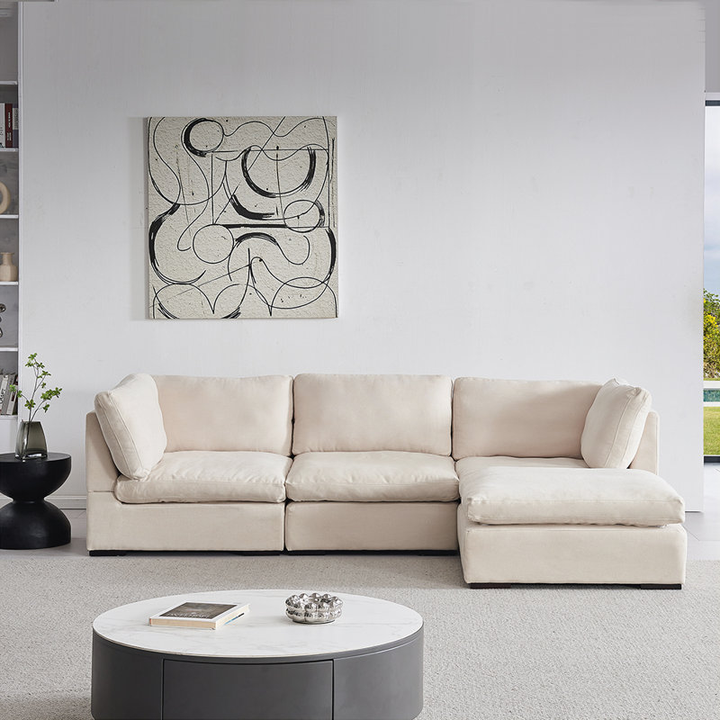 L Shape Modular Sofa Filled with Down Beige Polyester Blend